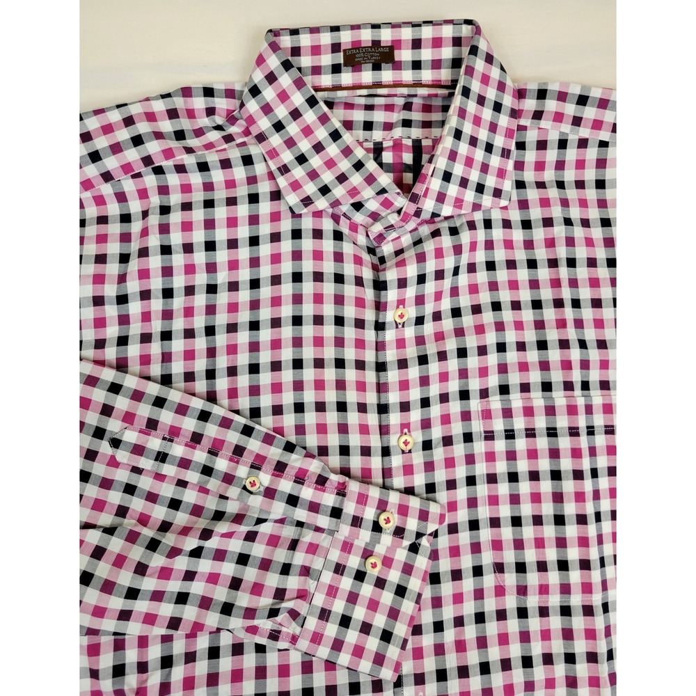 Peter Millar Mens XXL 2XL Pink Black White Check Plaid Cotton Button Up Shirt